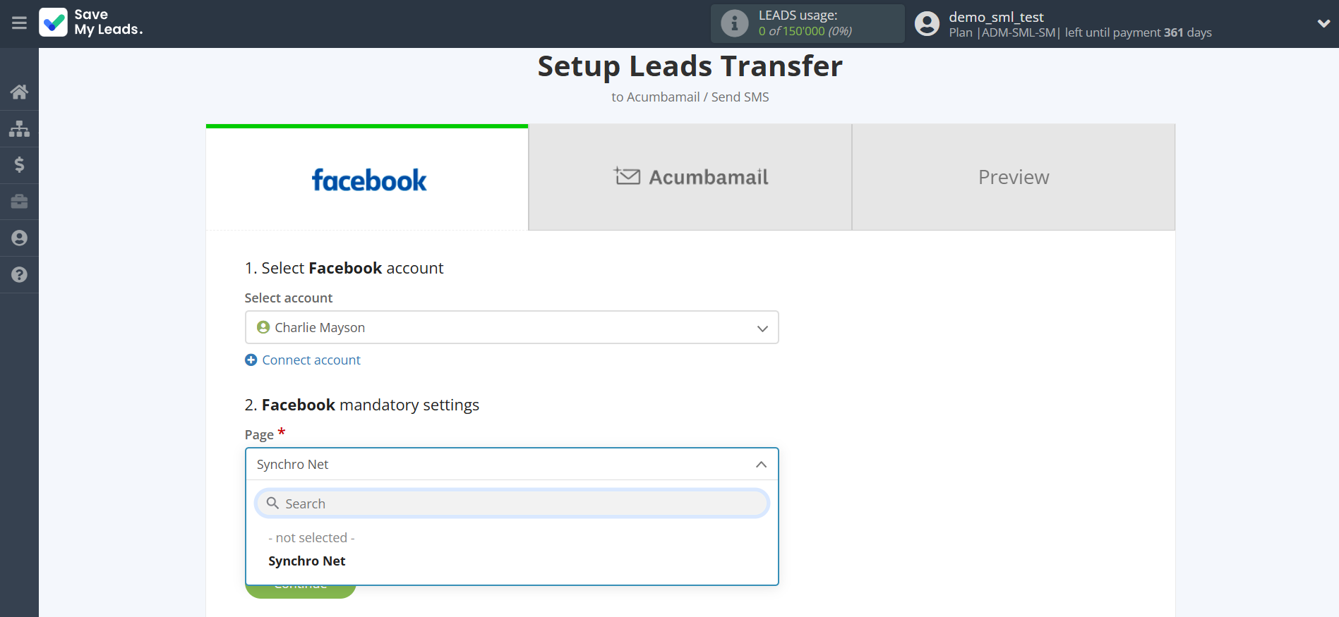 How to Connect Facebook with Acumbamail Send SMS | Data Source account selection How to Connect Facebook with Acumbamail Send SMS | Data Source account selection