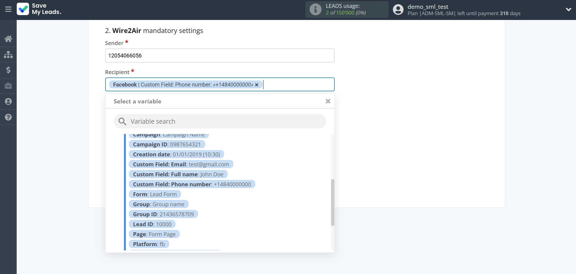 How to Connect Facebook with Wire2Air | Assigning fields
