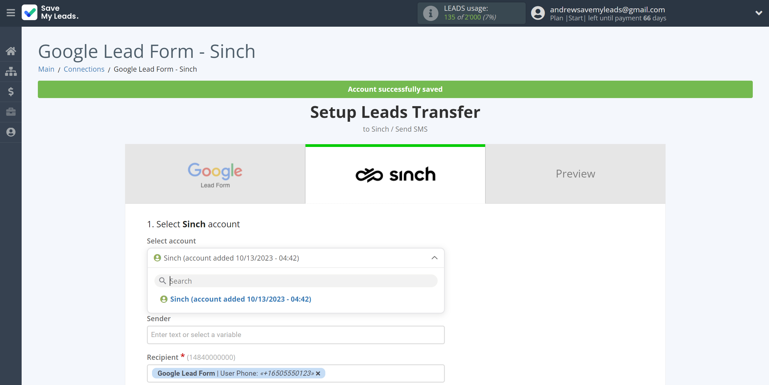 How to Connect Google Lead Form with Sinch | Data Destination account selection How to Connect Google Lead Form with Sinch | Data Destination account selection