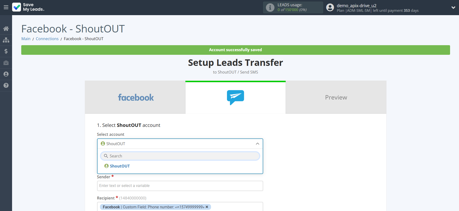 How to Connect Facebook with ShoutOUT | Data Destination account selection