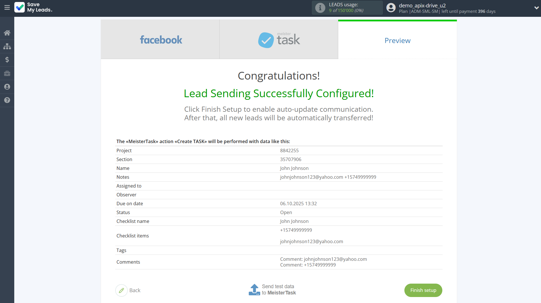 How to Connect Facebook with MeisterTask | Test data