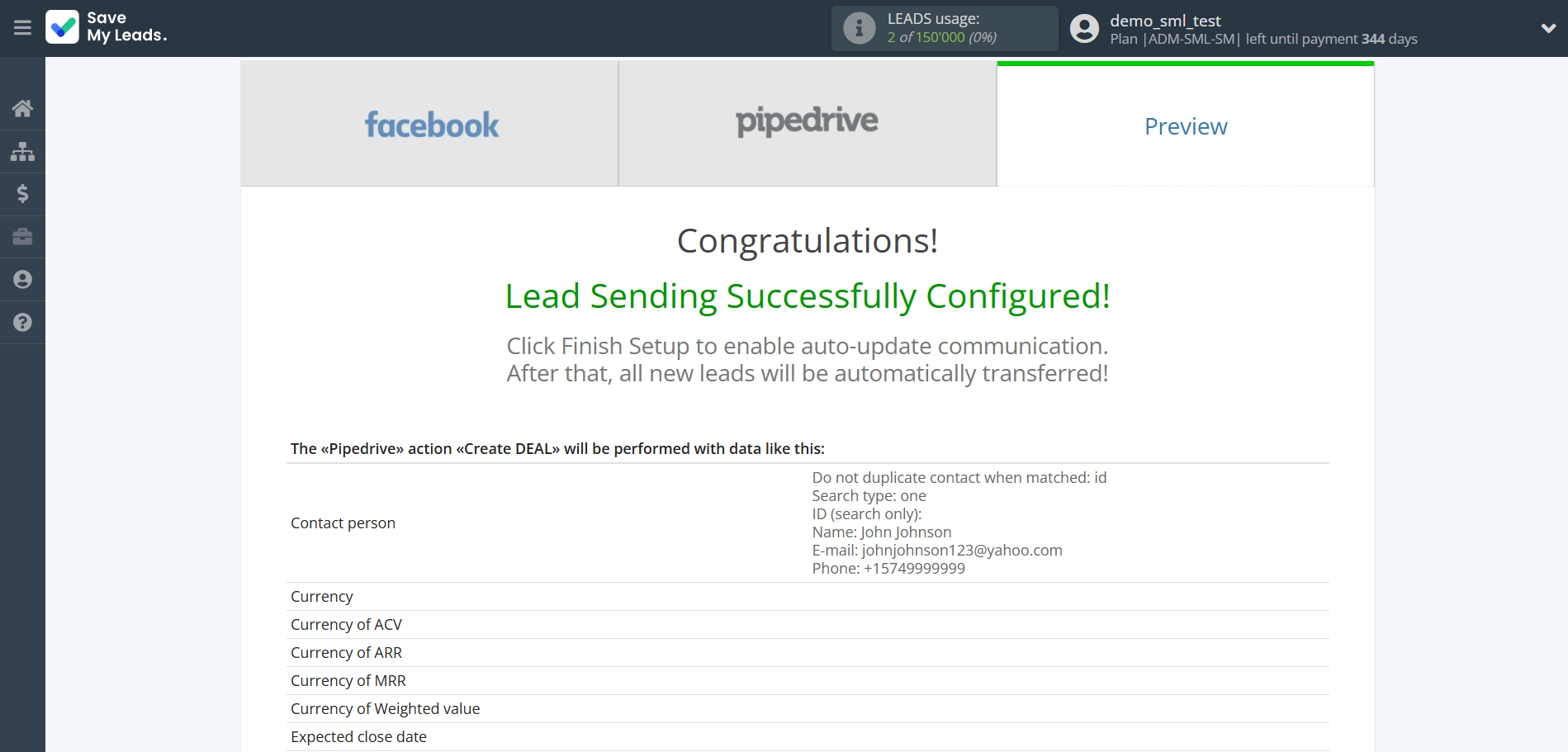 How to Connect Facebook with Pipedrive Create Deal | Test data