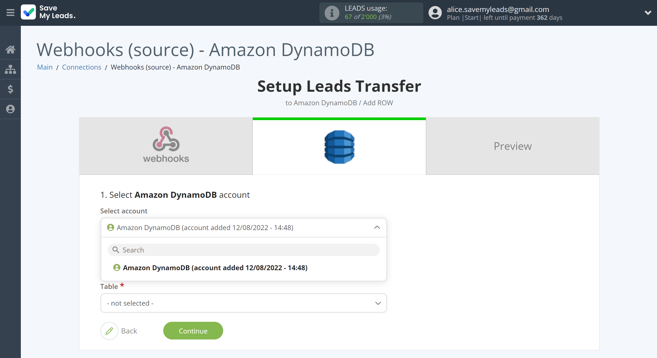 How to Connect Webhooks with Amazon DynamoDB | Data Destination account selection How to Connect Webhooks with Amazon DynamoDB | Data Destination account selection
