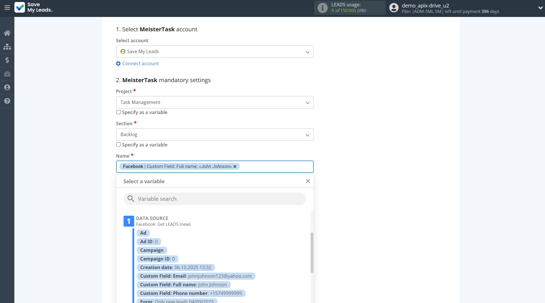 How to Connect Facebook with MeisterTask | Assigning fields