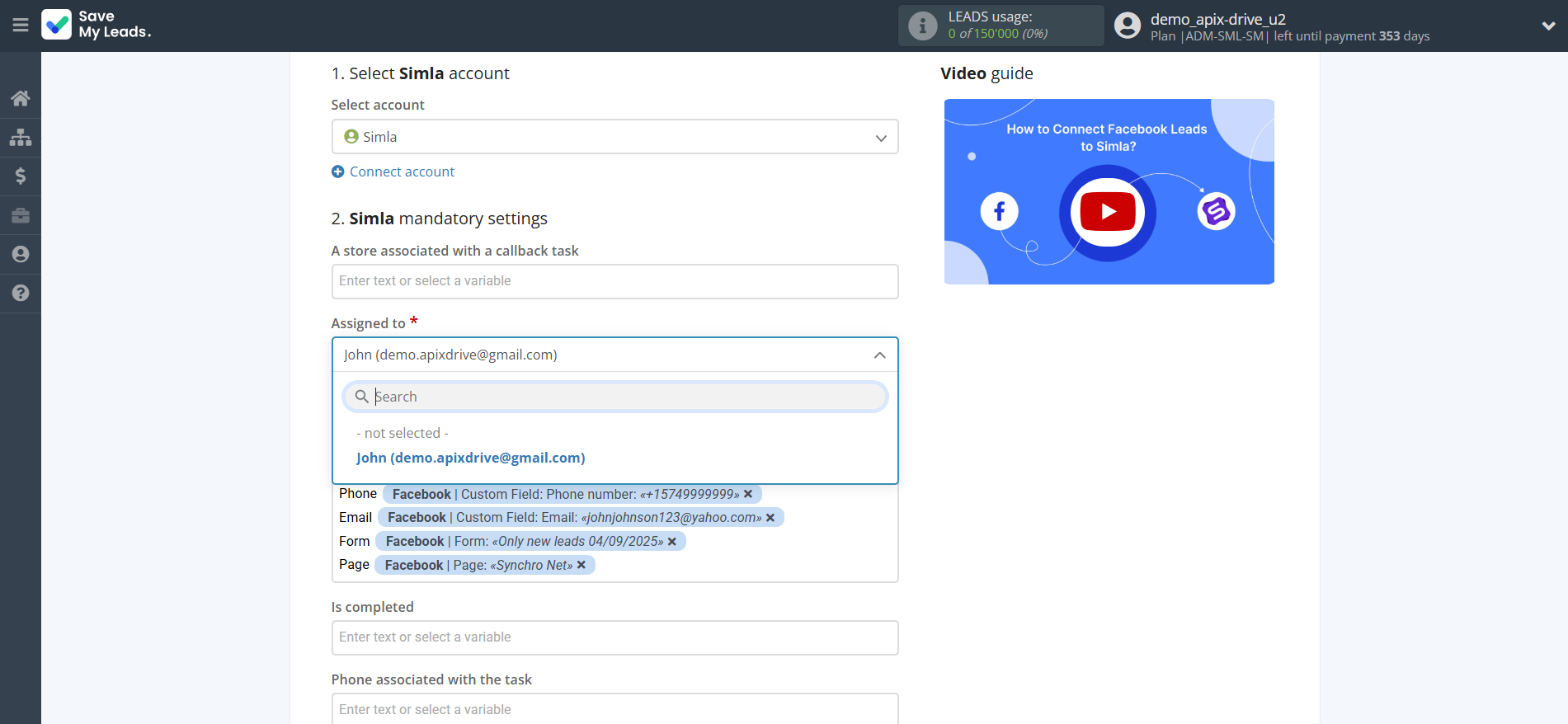 How to Connect Facebook with Simla Create Task | Assigning fields How to Connect Facebook with Simla Create Task | Assigning fields