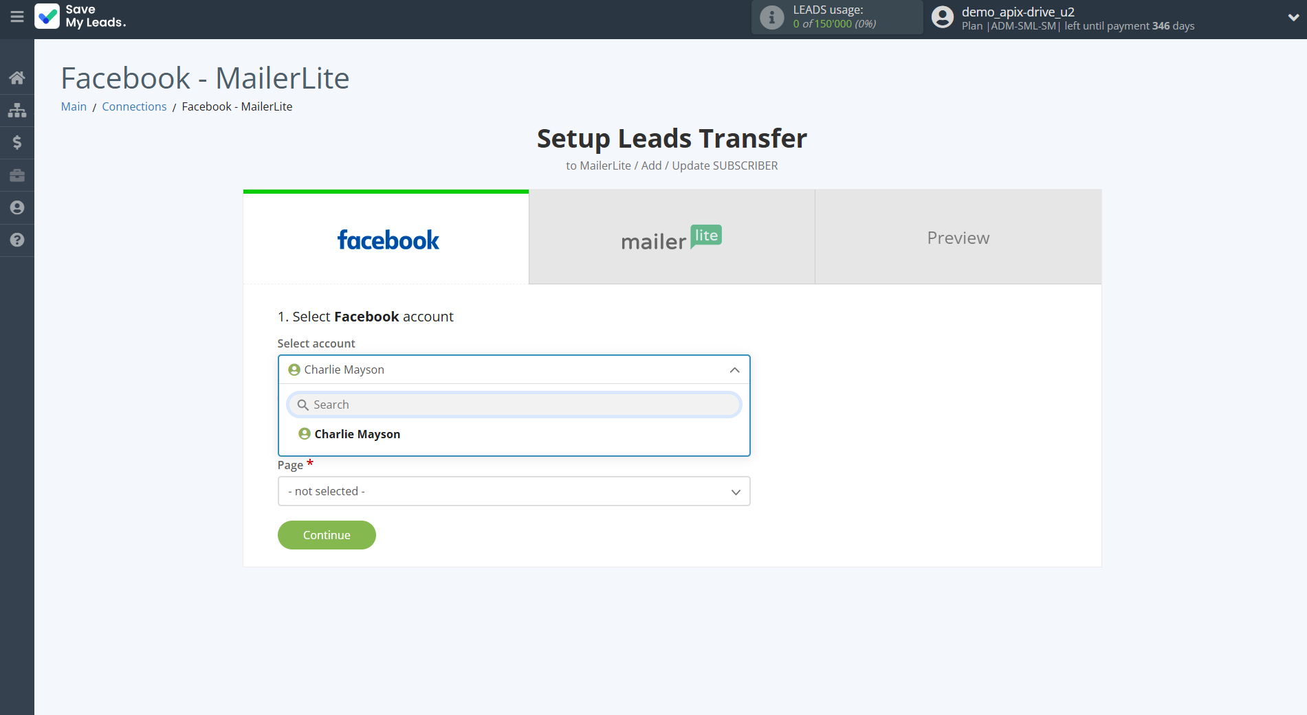 How to Connect Facebook with MailerLite | Data Source account selection