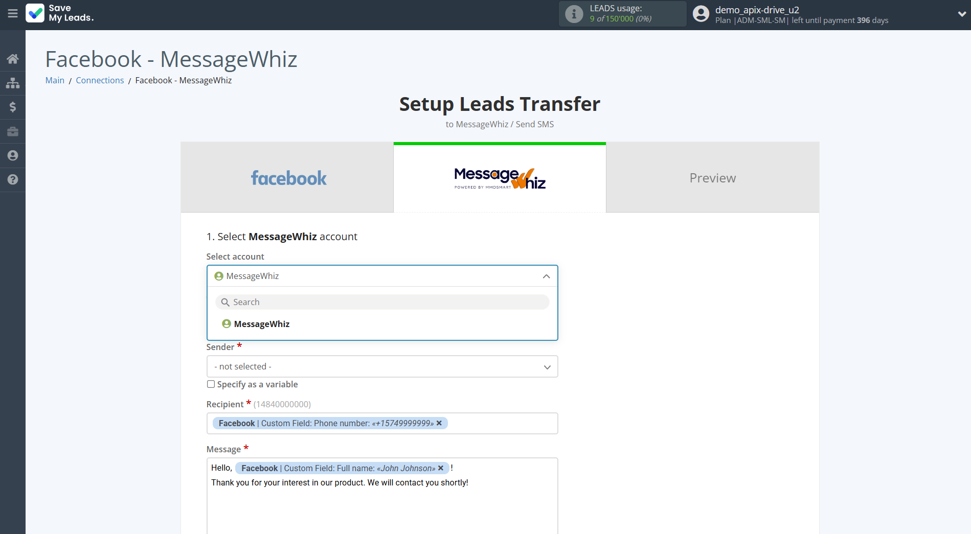 How to Connect Facebook with MessageWhiz | Data Destination account selection