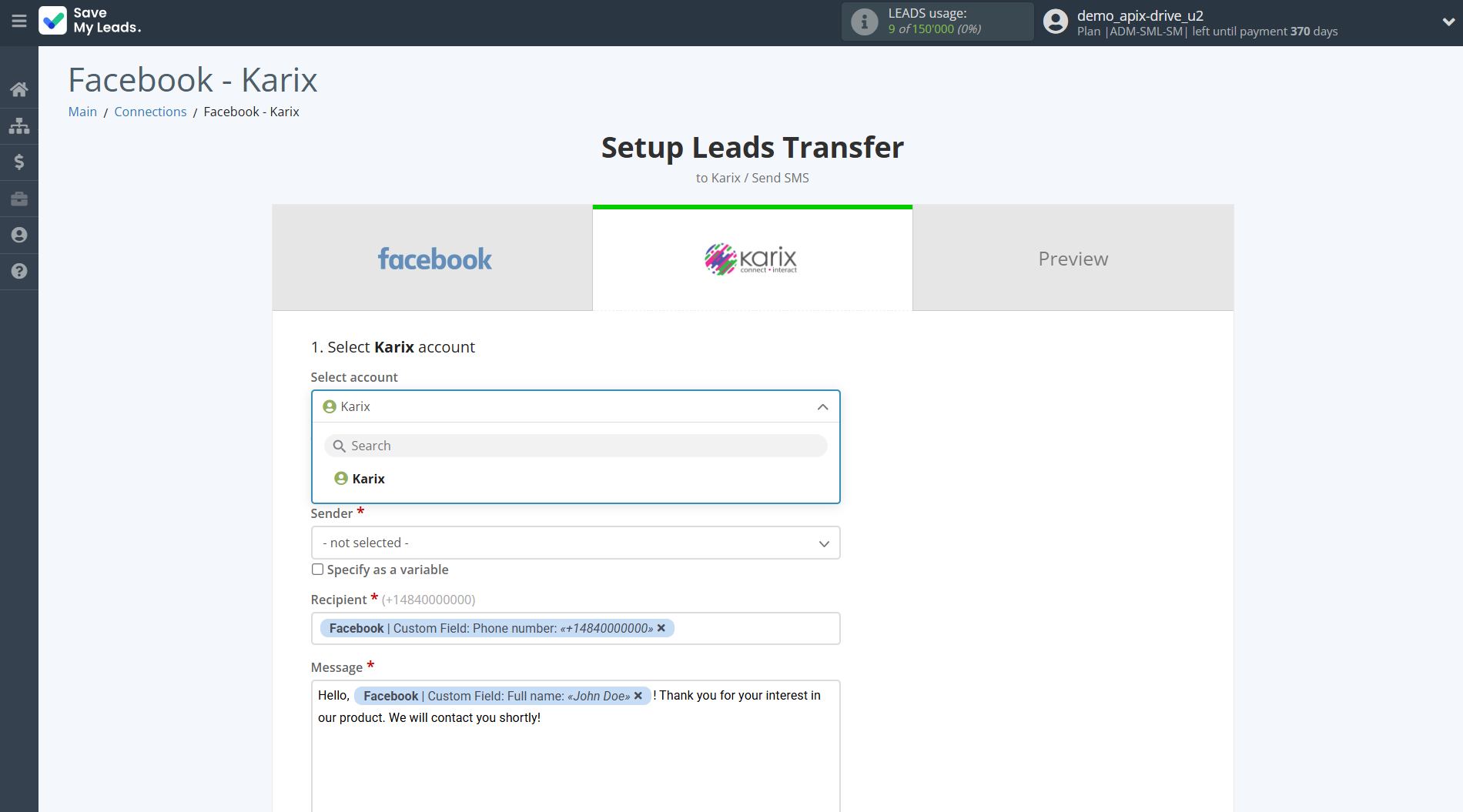 How to Connect Facebook with Karix | Data Destination account selection