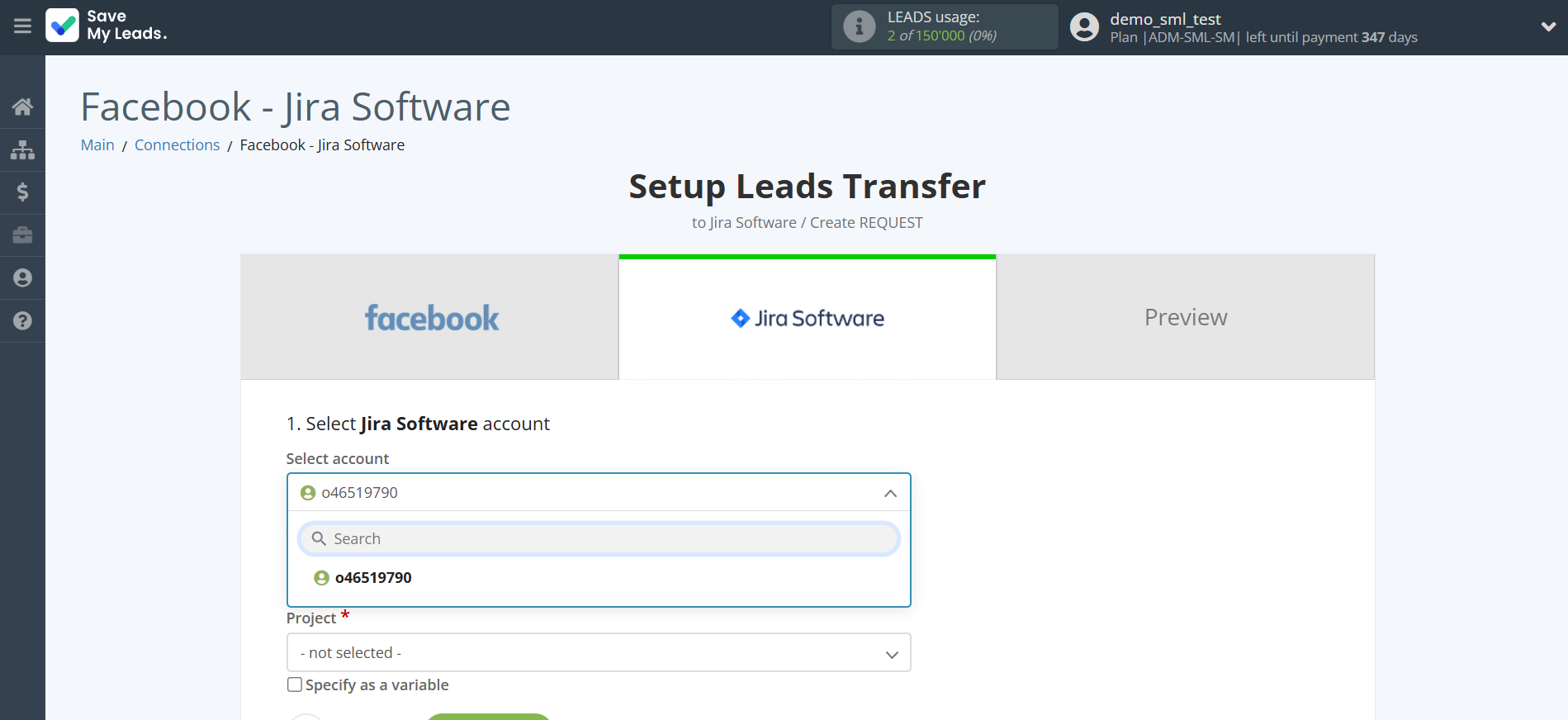 How to Connect Facebook with Jira Software | Data Destination account selection How to Connect Facebook with Jira Software | Data Destination account selection