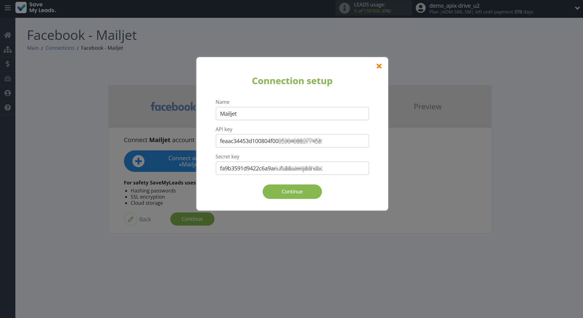 How to Connect Facebook with Mailjet | Data Destination account connection