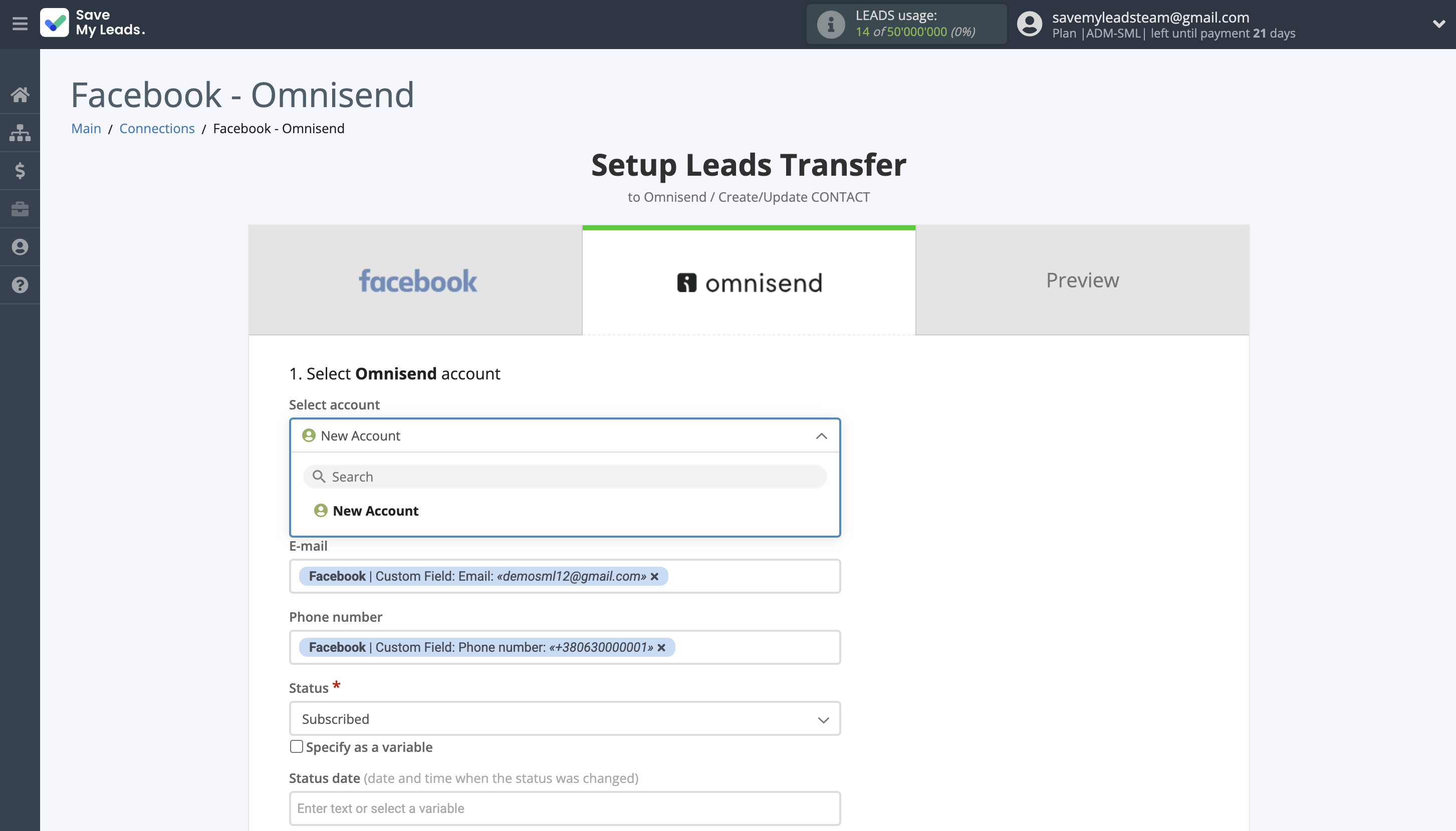 How to Connect Facebook with Omnisend Create Contact | Data Destination account selection
