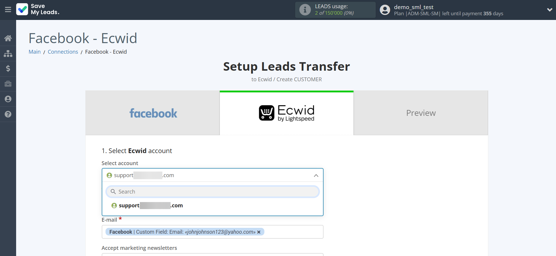 How to Connect Facebook with Ecwid Create Customers | Data Destination account selection How to Connect Facebook with Ecwid Create Customers | Data Destination account selection