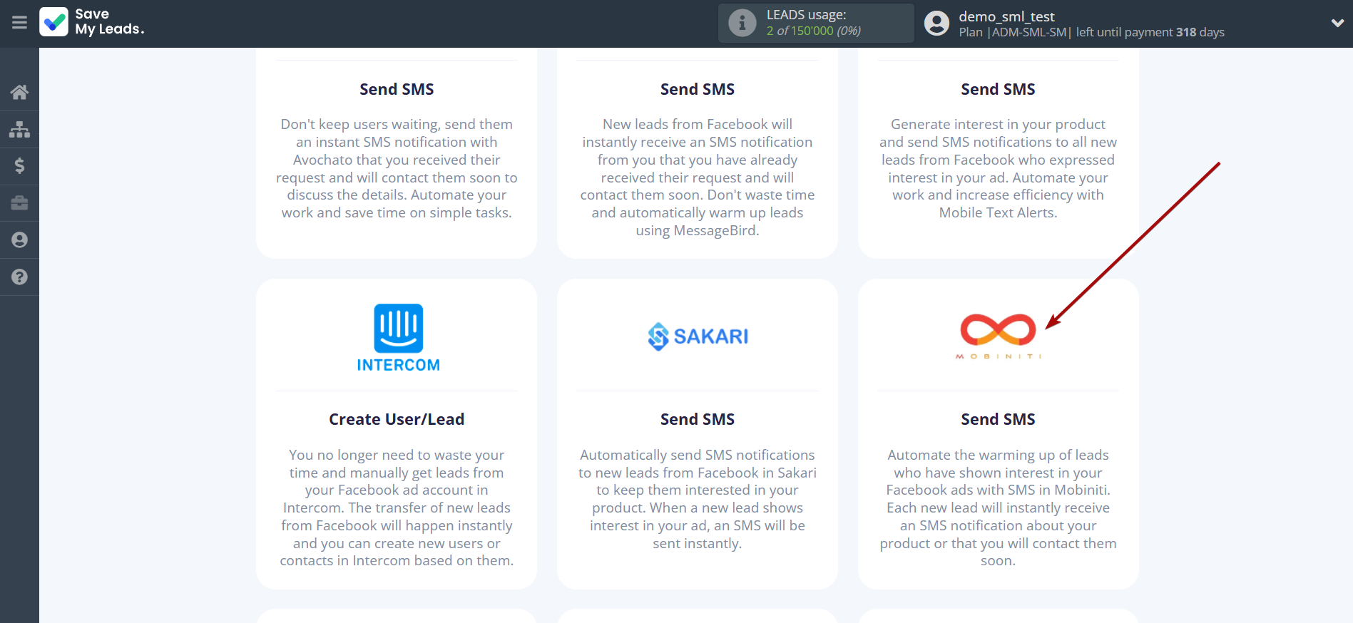 How to Connect Facebook with Mobiniti | Data Destination system selection