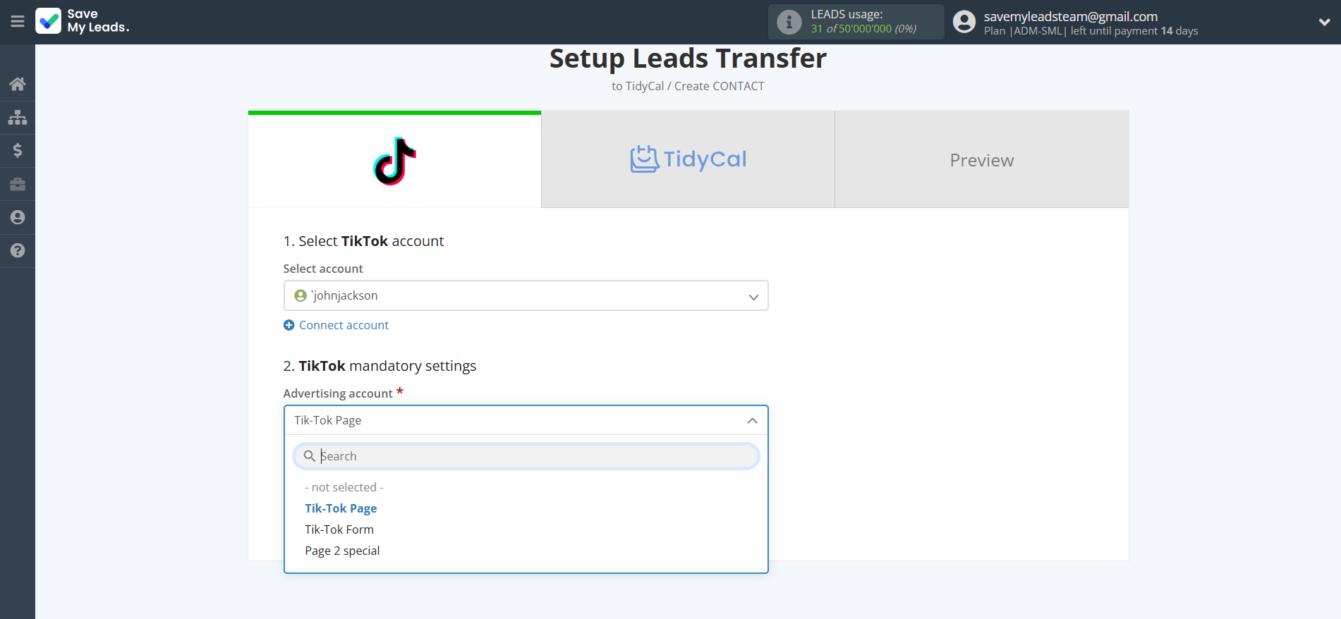 How to Connect TikTok with TidyCal Create Contacts | Data Source account connection