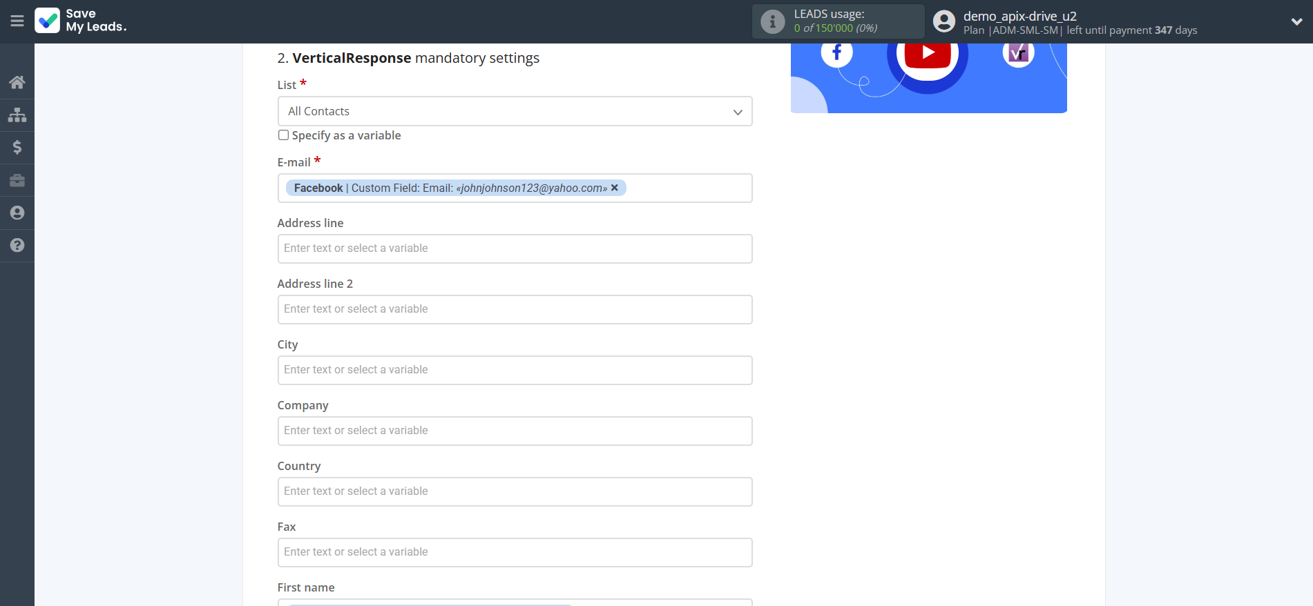 How to Connect Facebook with VerticalResponse | Assigning fields How to Connect Facebook with VerticalResponse | Assigning fields
