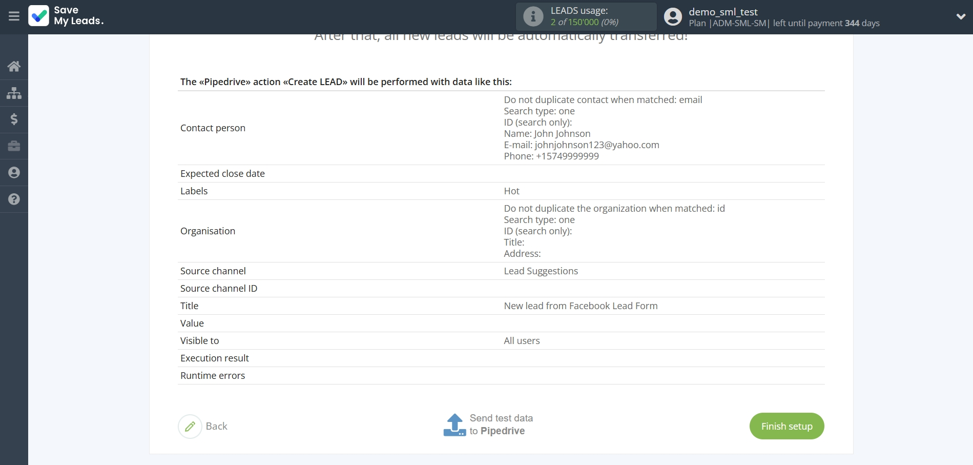How to Connect Facebook with Pipedrive Create Lead | Test data