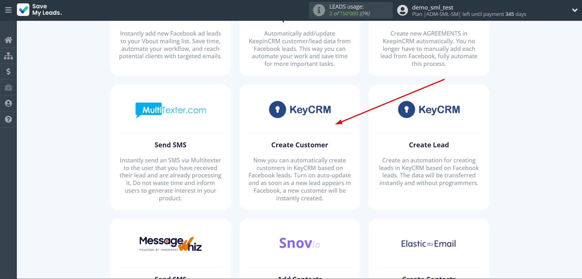 How to Connect Facebook with KeyCRM Create Customer | Data Destination system selection