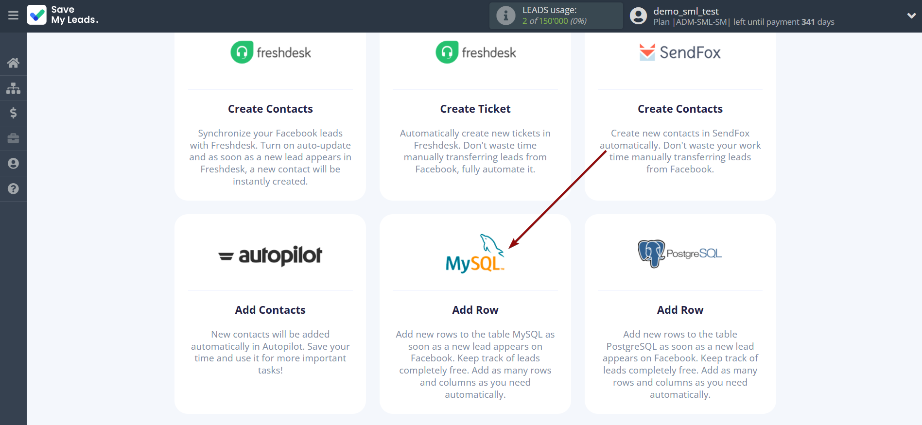 How to Connect Facebook with MySQL | Data Destination system selection