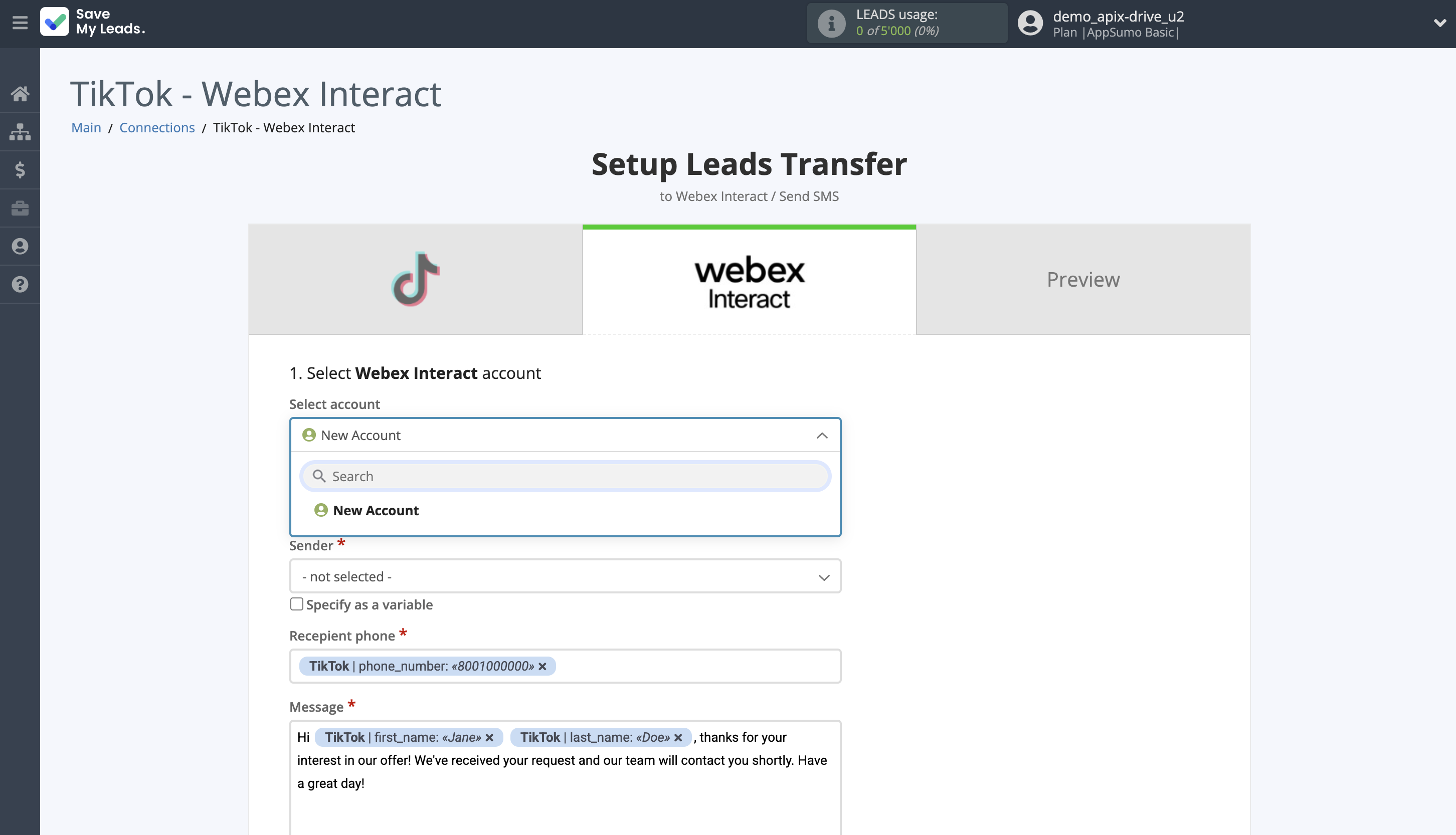 How to Connect TikTok with Webex Interact | Data Destination account selection How to Connect TikTok with Webex Interact | Data Destination account selection
