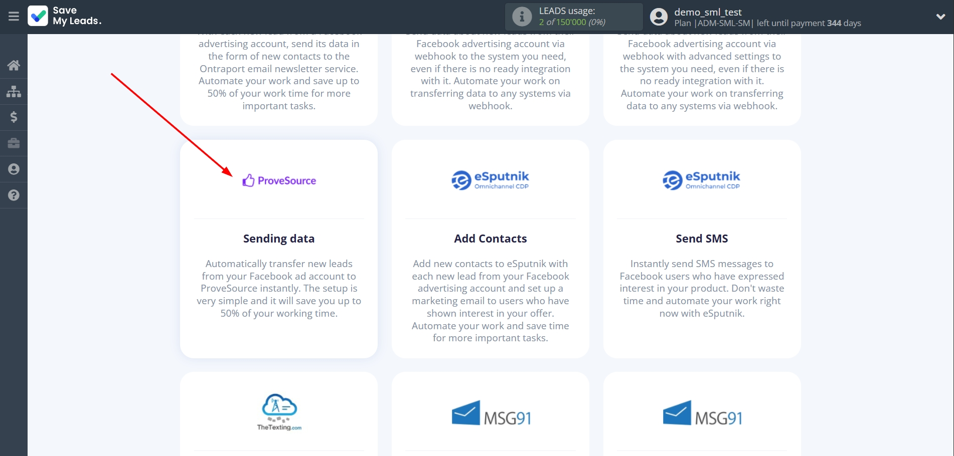 How to Connect Facebook with ProveSource | Data Destination system selection
