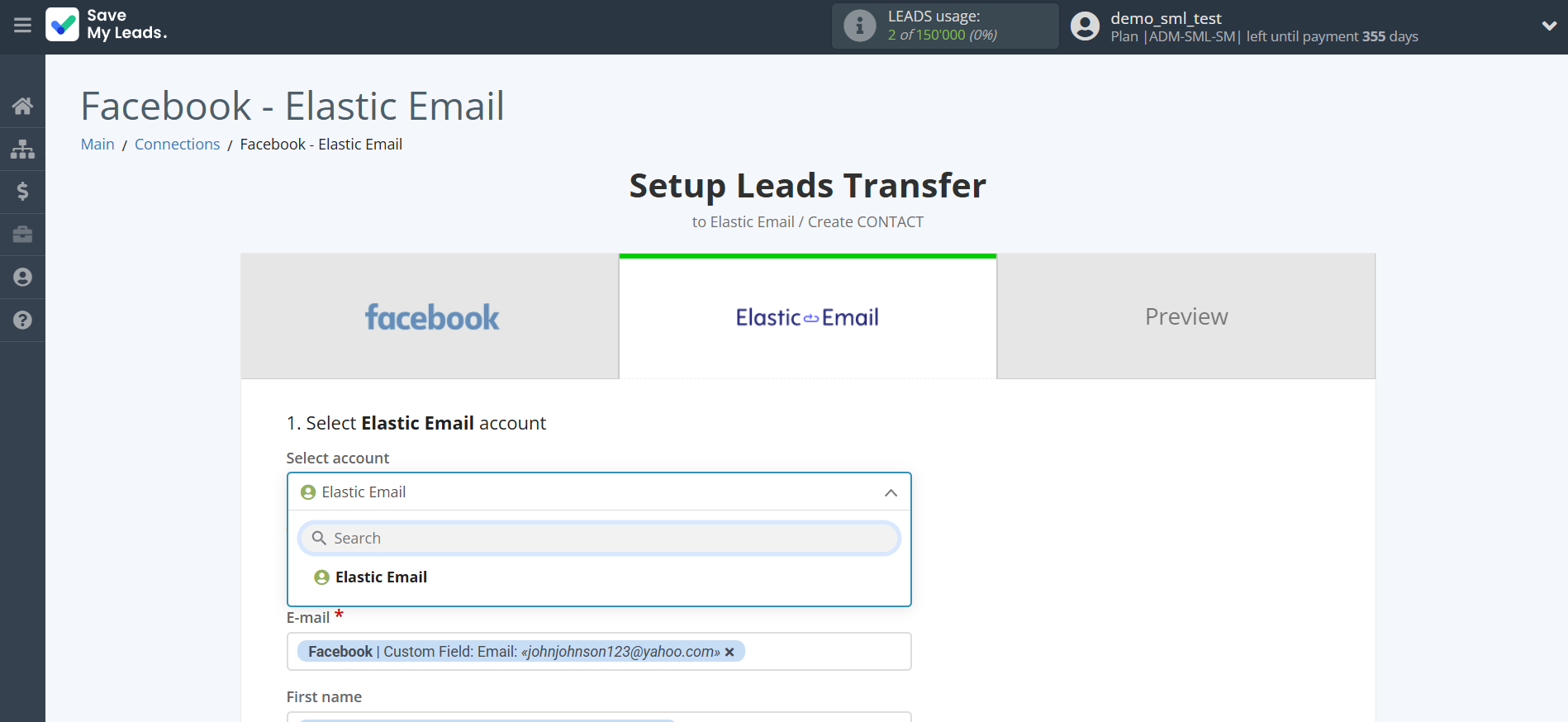 How to Connect Facebook with Elastic Email Create Contacts | Data Destination account selection How to Connect Facebook with Elastic Email Create Contacts | Data Destination account selection