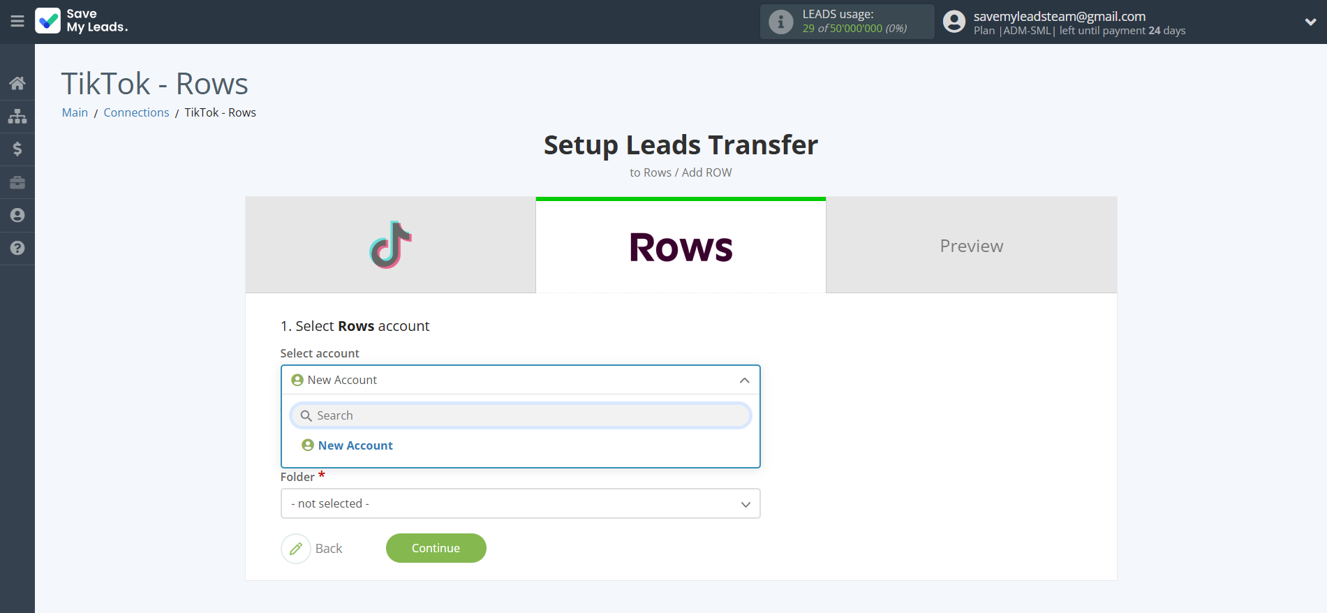 How to Connect TikTok with Rows Add Row | Data Destination account selection