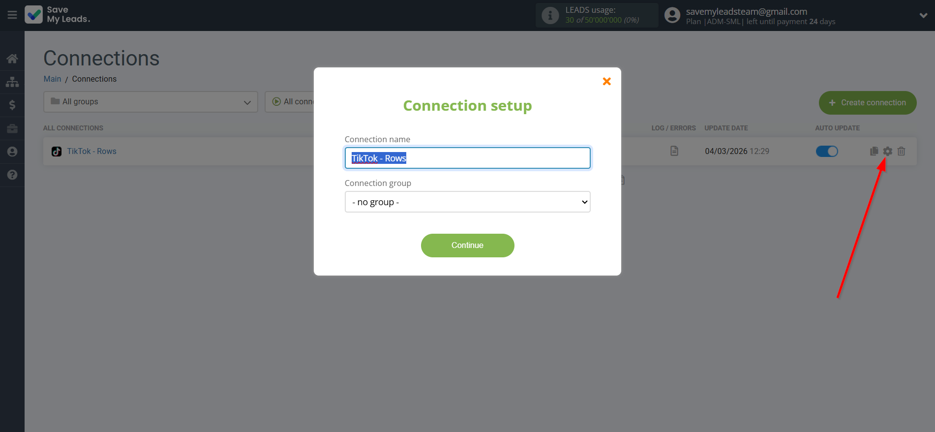 How to Connect TikTok with Rows Add Row | Name and group connection