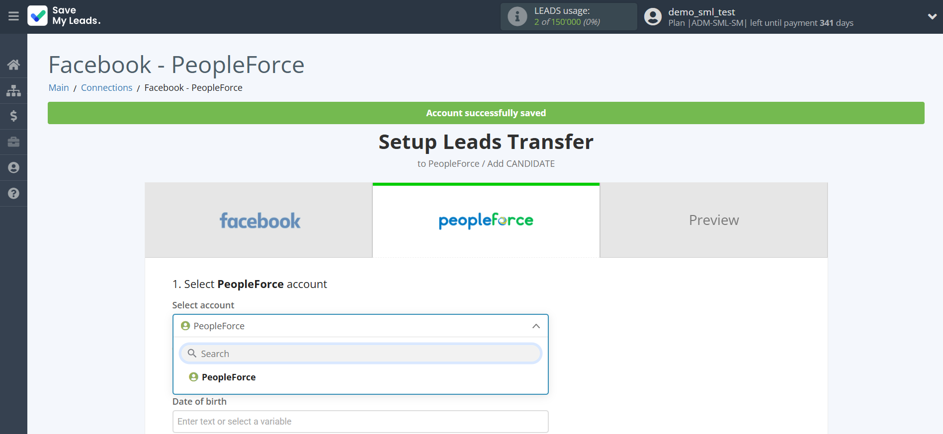 How to Connect Facebook with PeopleForce Add Candidate | Data Destination account selection