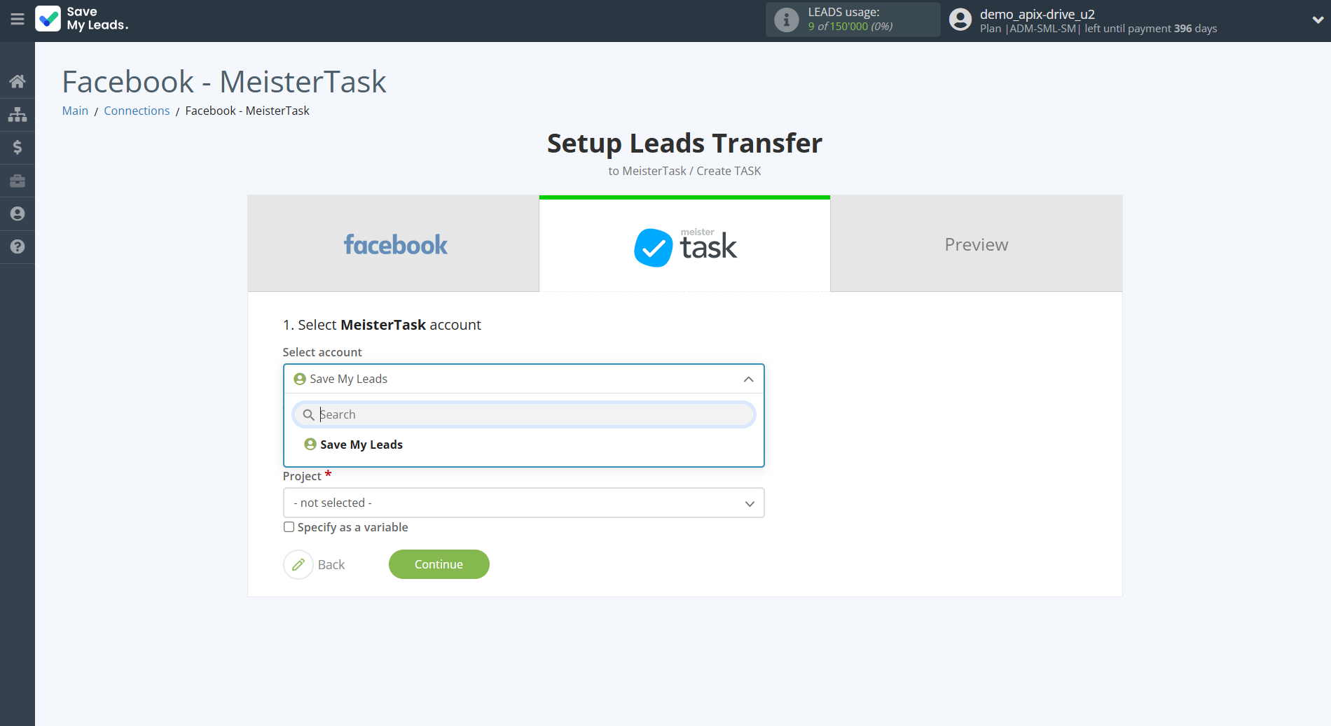 How to Connect TikTok with MeisterTask | Data Destination account selection