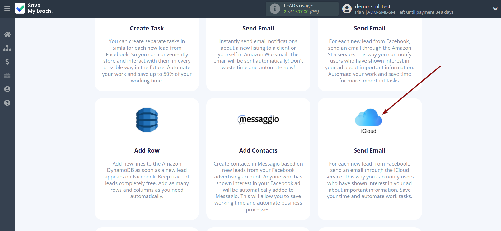 How to Connect Facebook with iCloud | Data Destination system selection