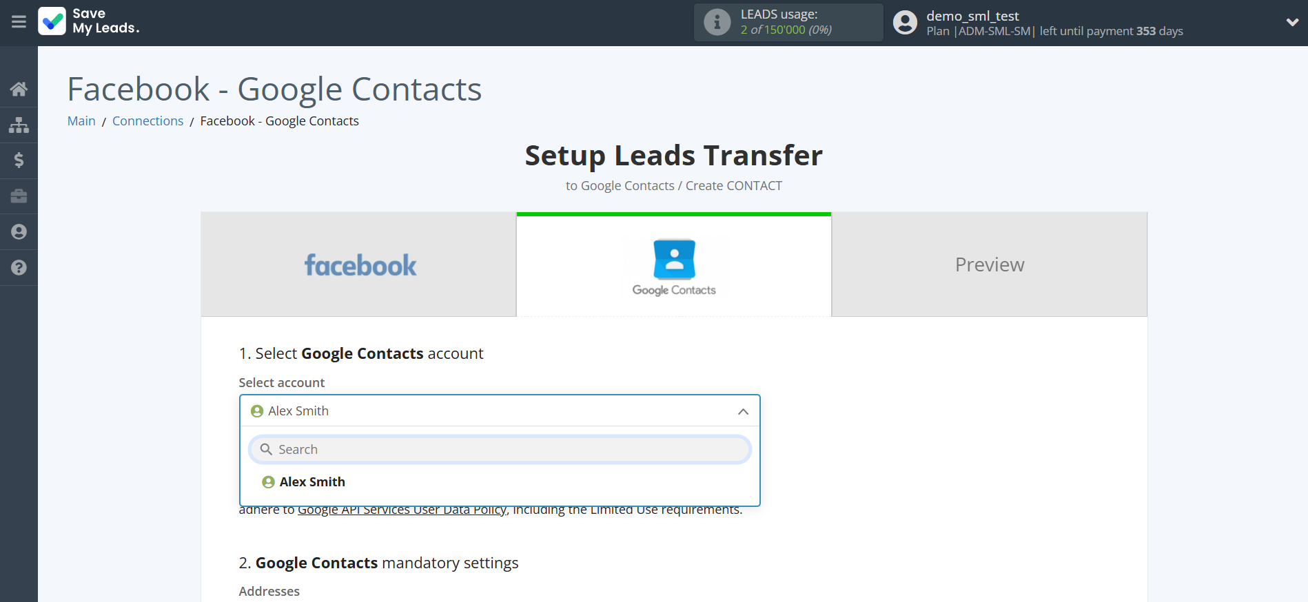 How to Connect Facebook with Google Contacts | Data Destination account selection