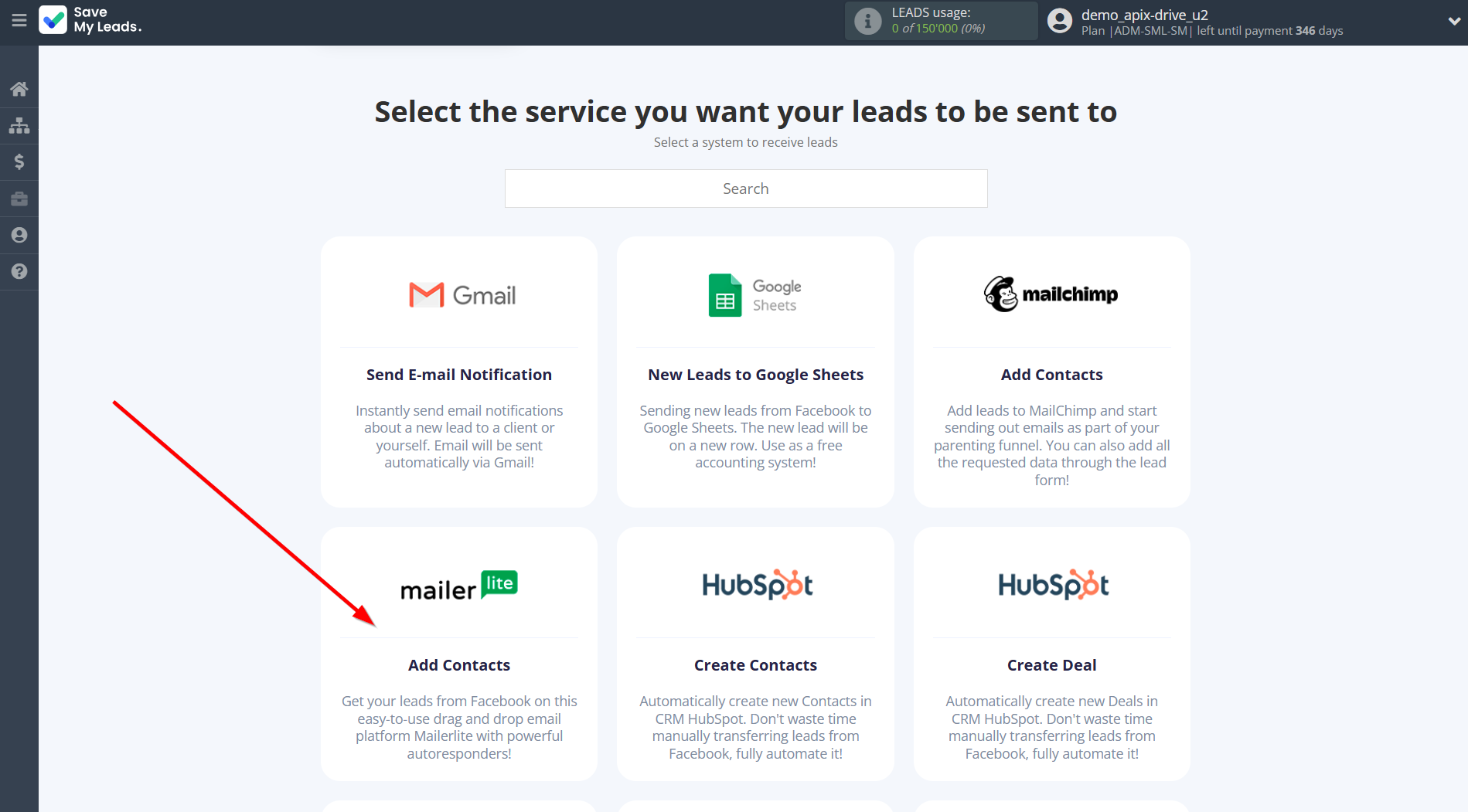 How to Connect Facebook with MailerLite | Data Destination system selection