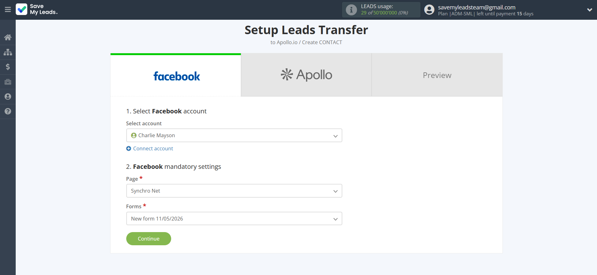 How to Connect Facebook with Apollo.io Create Contacts | Data Source account connection