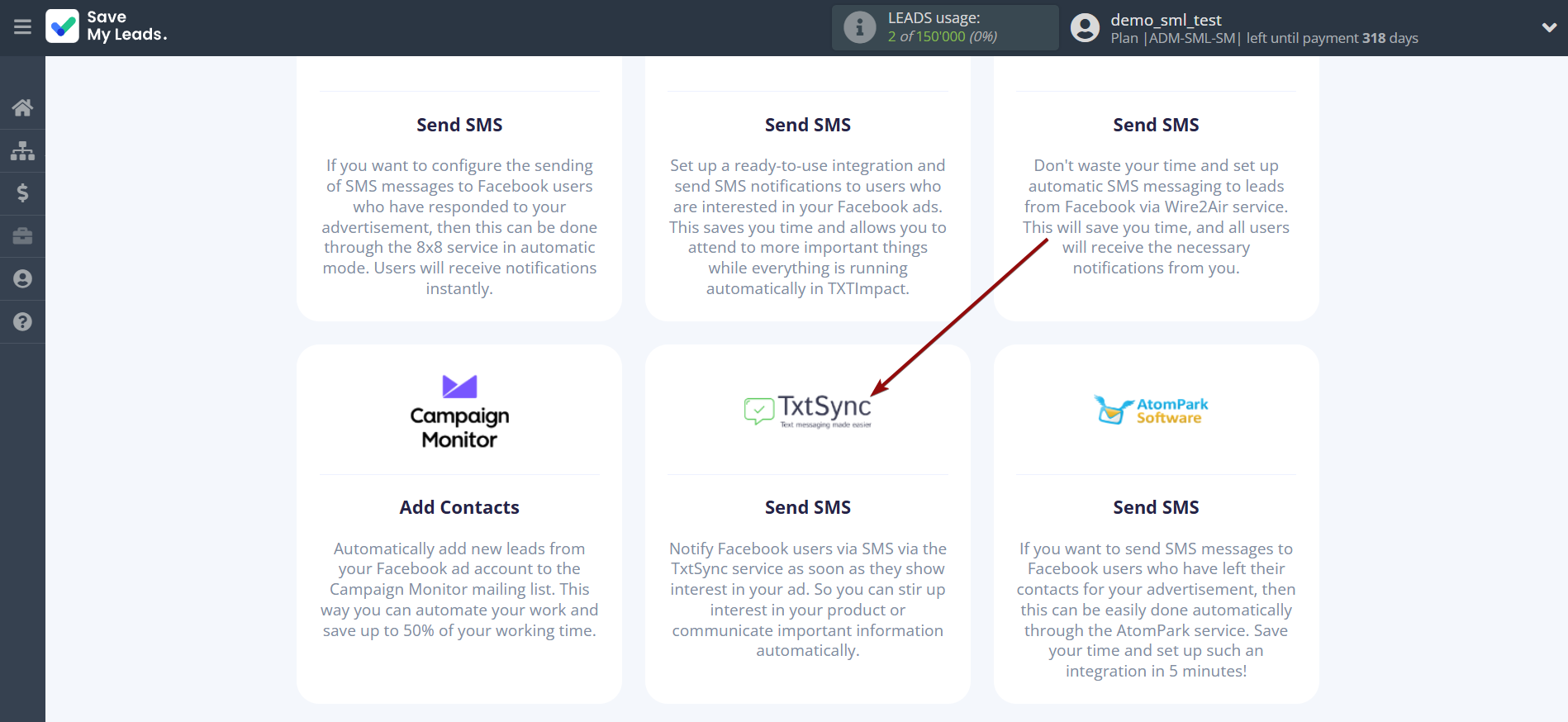 How to Connect Facebook with TxtSync | Data Destination system selection