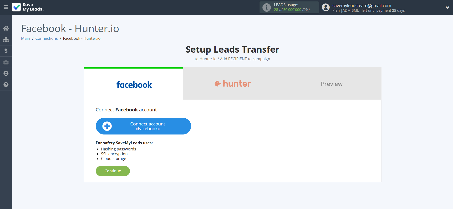 How to Connect Facebook with Hunter.io | Data Source account connection