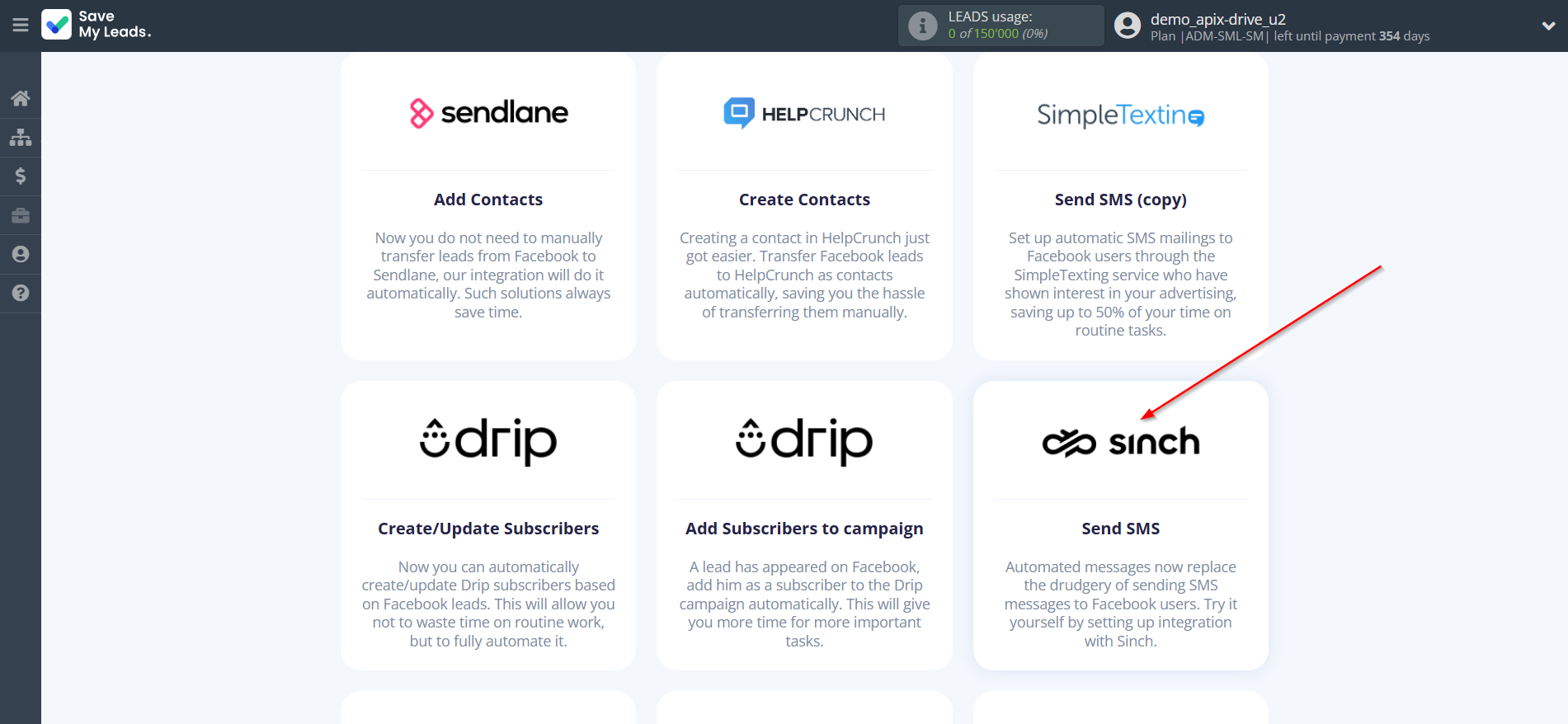 How to Connect Facebook with Sinch | Data Destination system selection