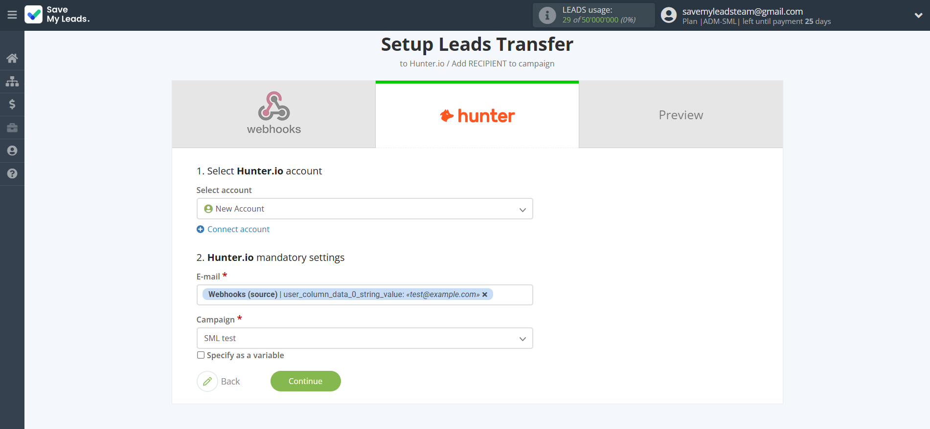 How to Connect Webhooks with Hunter.io | Assigning fields