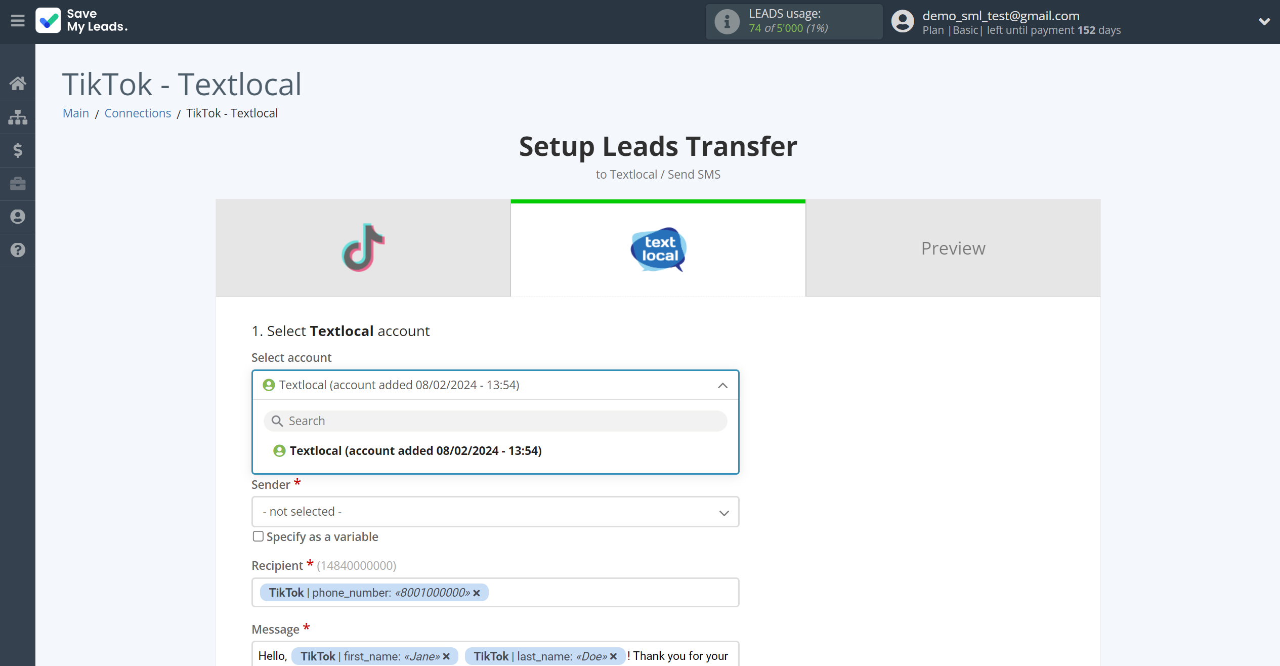 How to Connect TikTok with Textlocal | Data Destination account selection How to Connect TikTok with Textlocal | Data Destination account selection