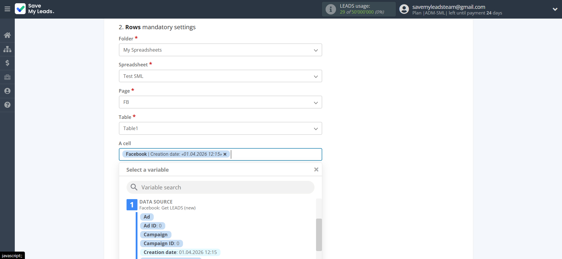 How to Connect Facebook with Rows Add Row | Assigning fields