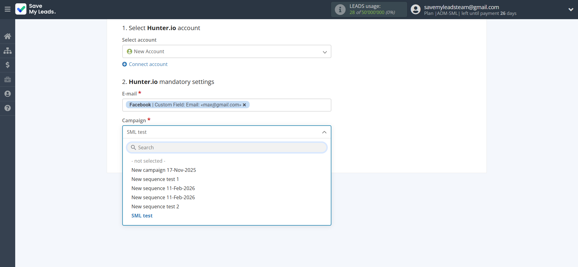 How to Connect Facebook with Hunter.io | Assigning fields