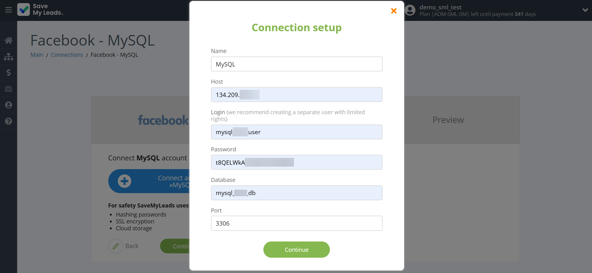 How to Connect Facebook with MySQL | Data Destination account connection