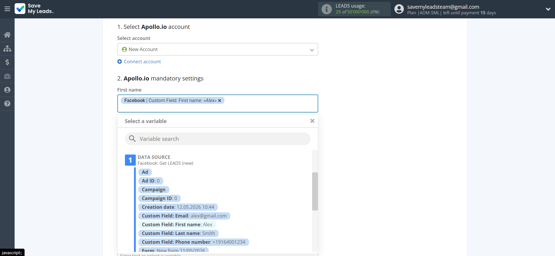 How to Connect Facebook with Apollo.io Create Contacts | Assigning fields