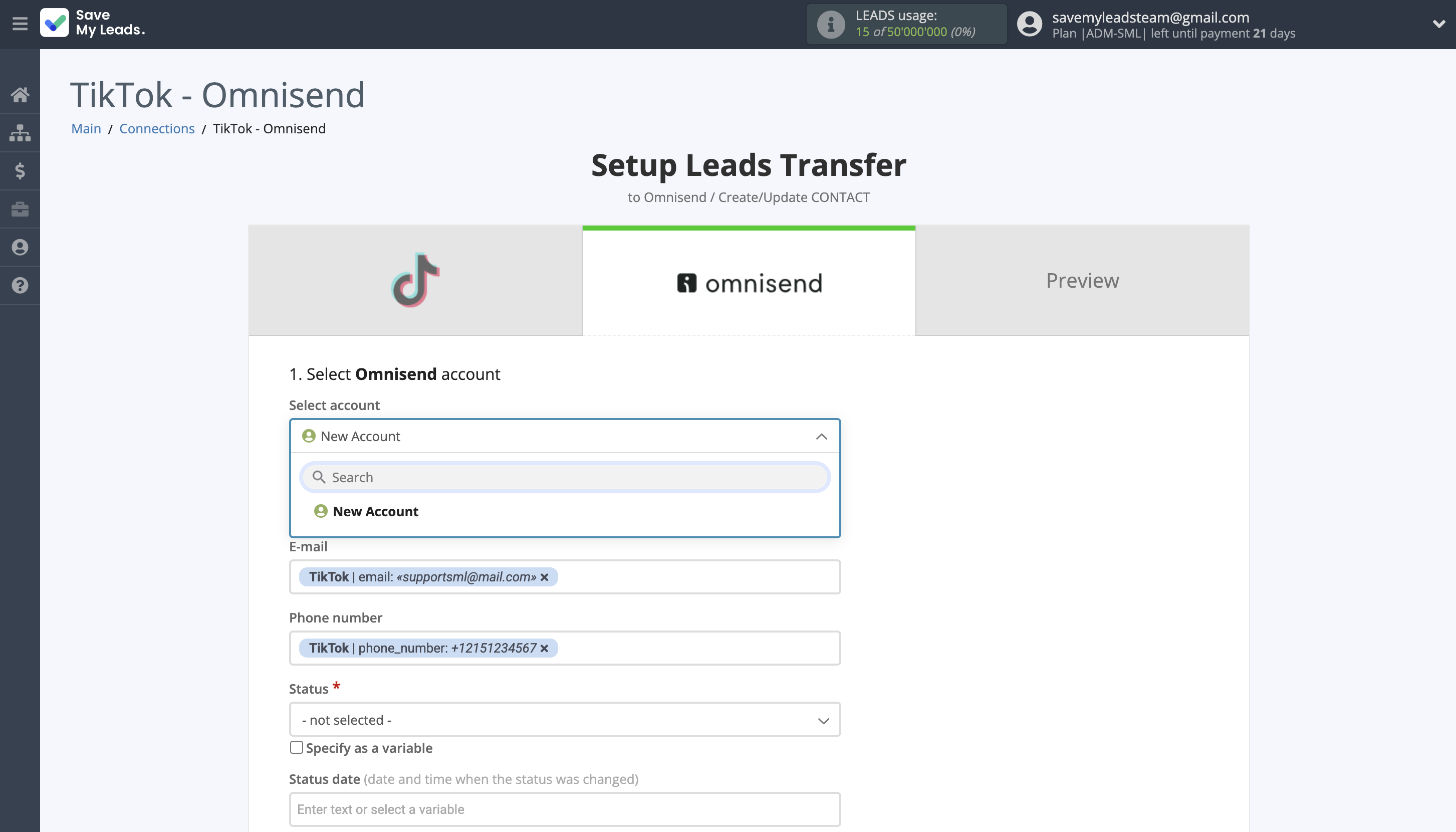 How to Connect TikTok with Omnisend Create Contact | Data Destination account selection