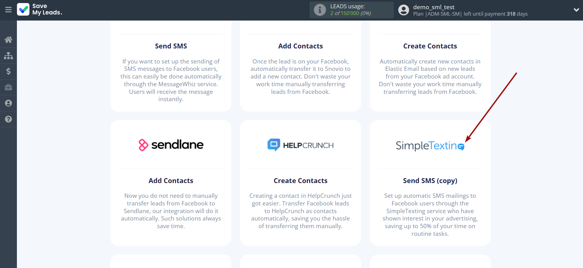 How to Connect Facebook with SimpleTexting | Data Destination system selection