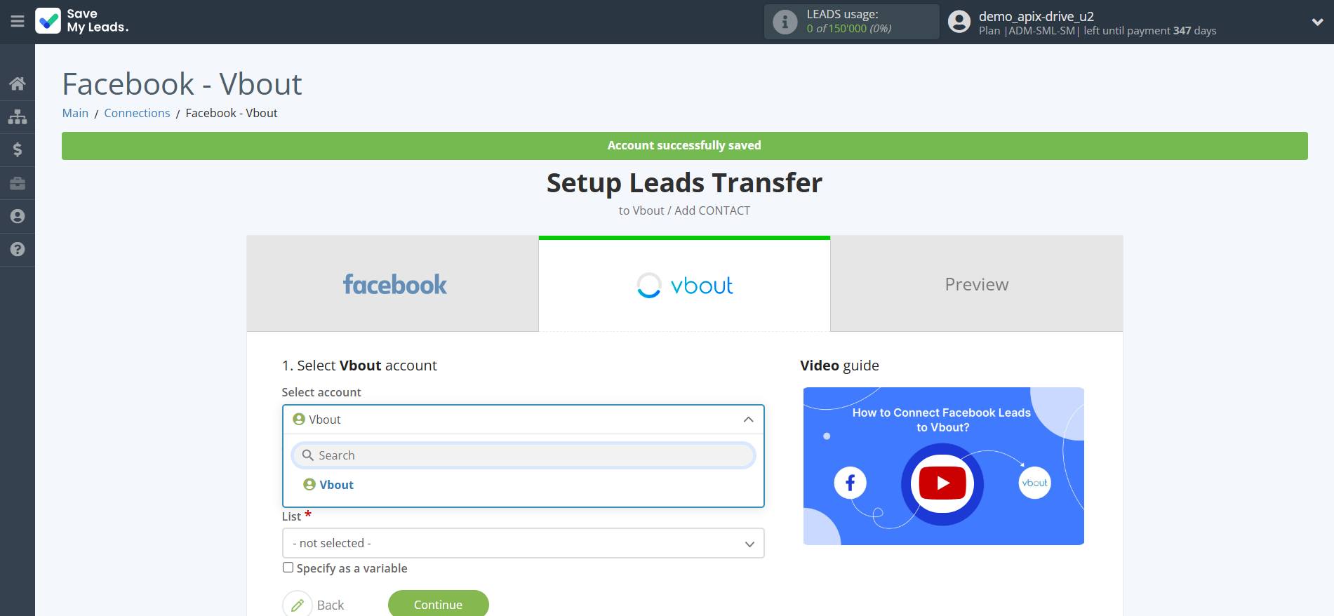How to Connect Facebook with Vbout Add Contact | Data Destination account selection How to Connect Facebook with Vbout Add Contact | Data Destination account selection