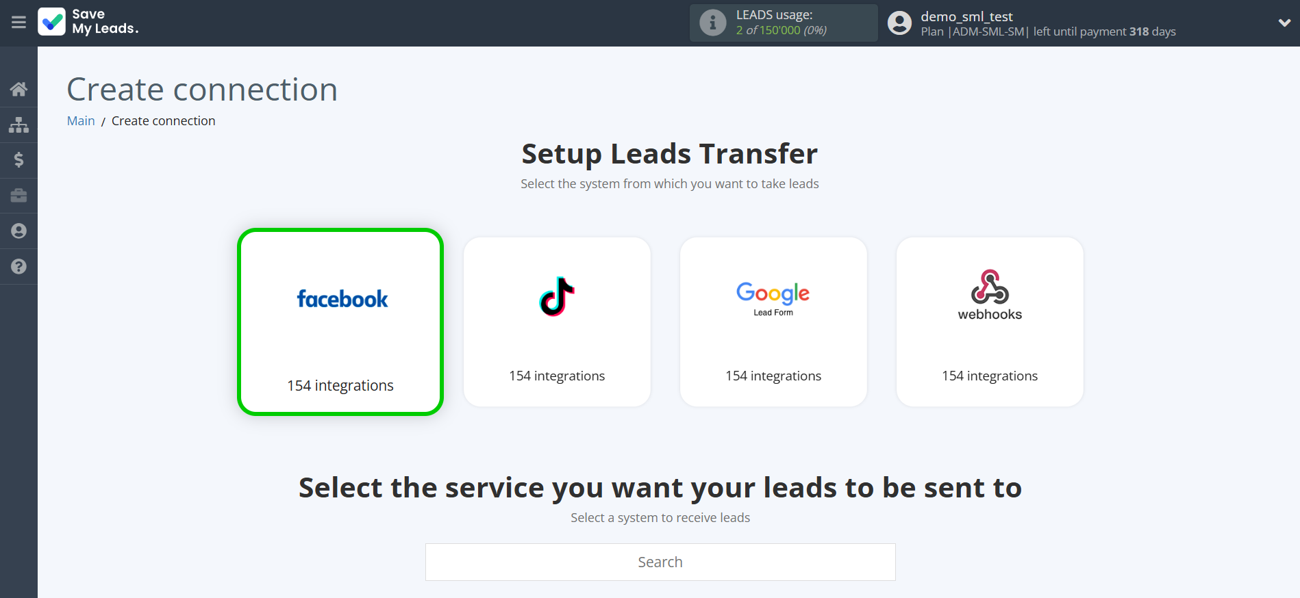 How to Connect Facebook with SMSGlobal | Data Source system selection