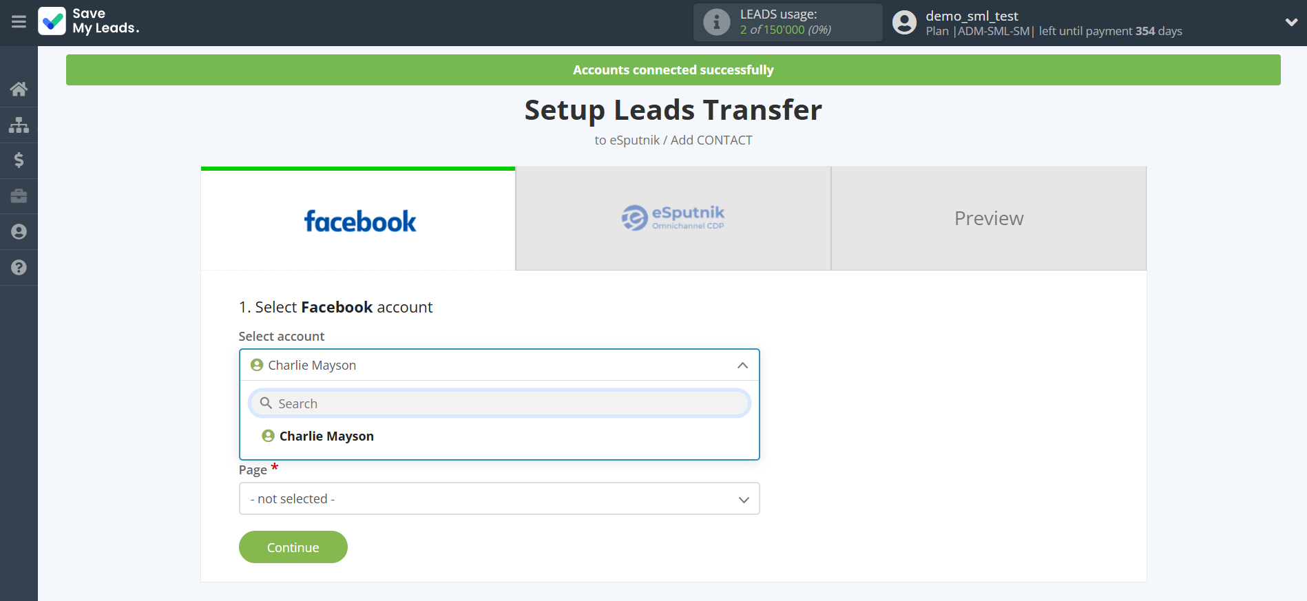 How to Connect Facebook with eSputnik Add Contacts | Data Source account selection