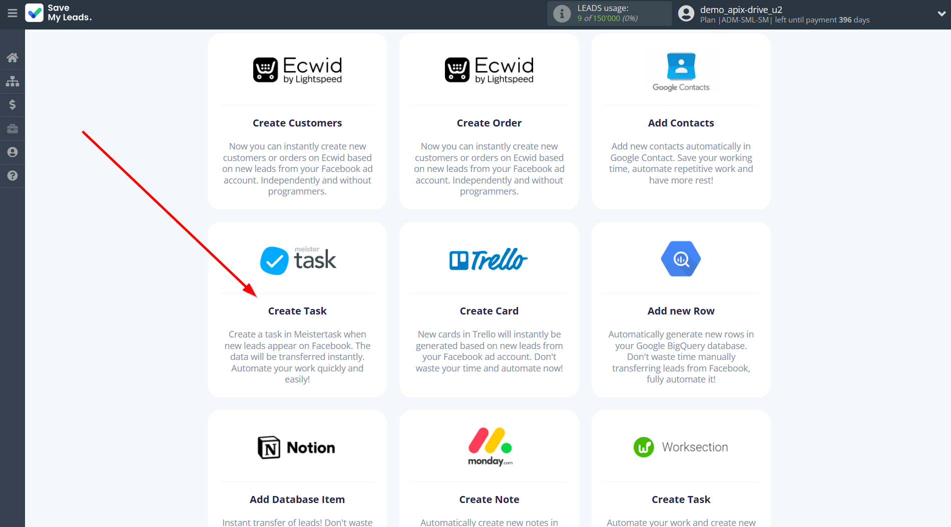 How to Connect TikTok with MeisterTask | Data Destination system selection