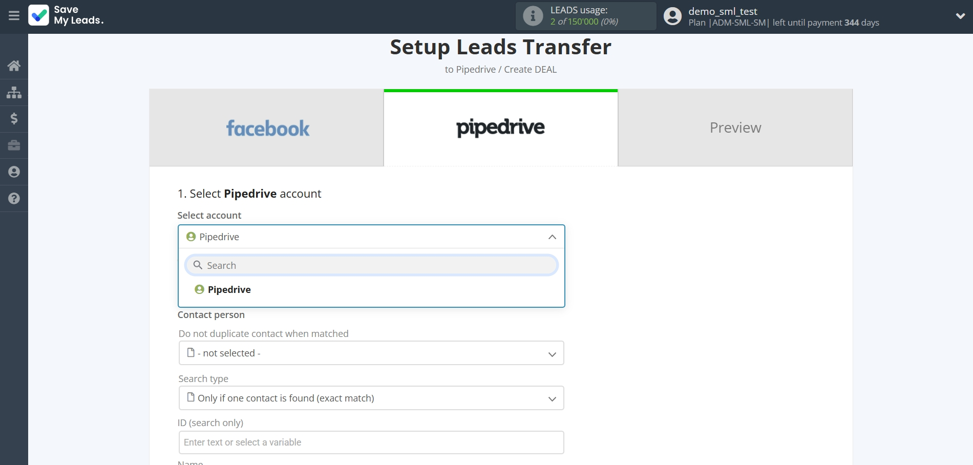 How to Connect Facebook with Pipedrive Create Deal | Data Destination account selection