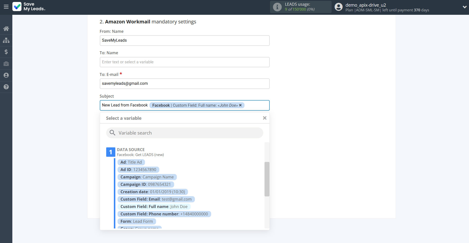 How to Connect Facebook with Amazon Workmail | Assigning fields